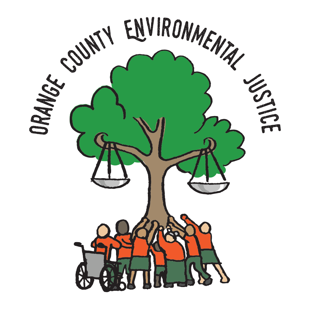 Logo for orange county environmental justice. There is a tree in the middle having a slightly imbalanced scale on on its branches. It shows a set of people of different ages and abilities wearing orange shirts and green bottoms holding the tree.