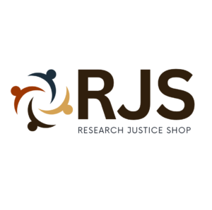 RJS Research Justice Shop logo with dark red, navy, brown, and yellow icons of people in circular formation