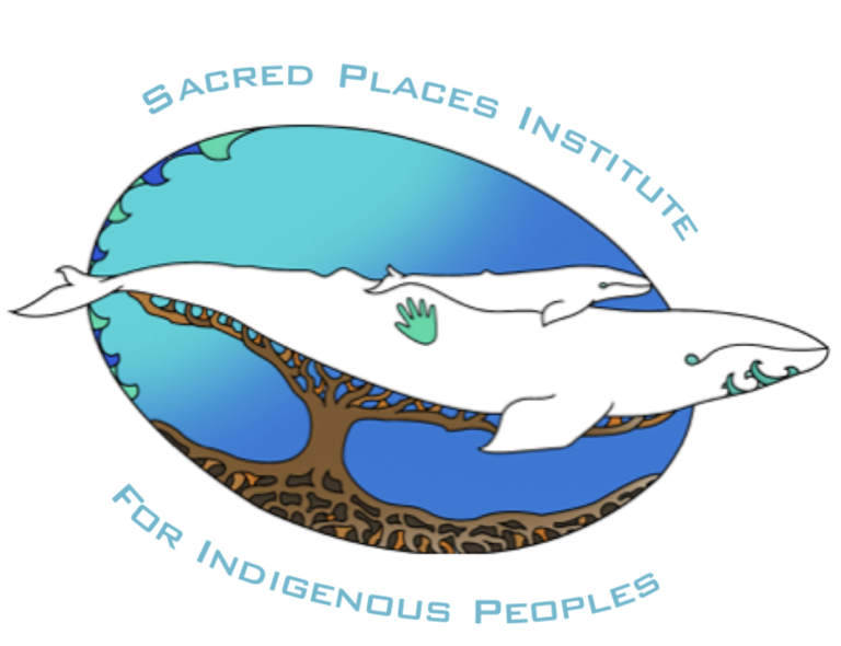 Sacred Places Institute for Indigenous Peoples artistic logo with mother whale with calf on its back. The mother whale has facial markings. Both whales are perched on top of a tree of life with wide roots. There are ocean wave patterns and a blue gradient background.